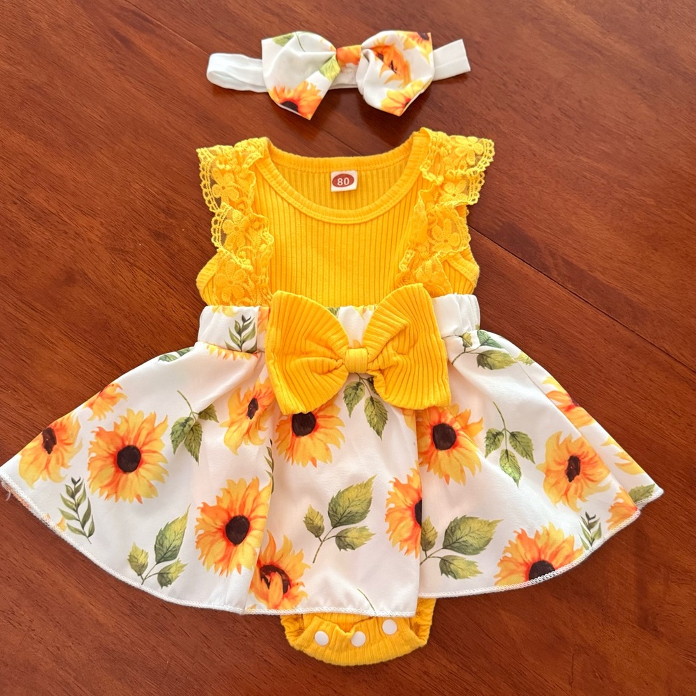 Baby Bubble Onesie w/ matching headband Size 80 (12/18 month) Sunflower Print